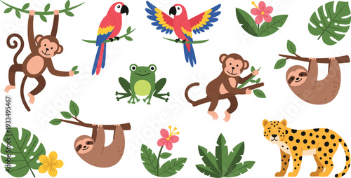 Cute Jungle Animals Collection with Monkey Sloth Parrot Frog Leopard and Tropical Leaves Flat Vector Illustration Set
