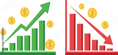 Business Growth and Decline Bar Chart Comparison with Upward and Downward Arrows Coins and Financial Analytics for Economy Investment and Market Performance Concepts