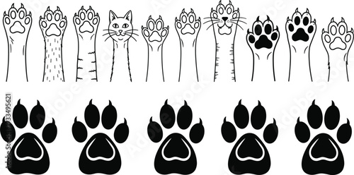 Cat Paw and Claw Icon Set with Cute Feline Paws, Animal Footprints, and Pet Design Elements for Logos, Stickers, Veterinary, and Pet Shop Vector