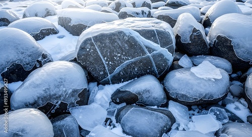 Close up of frozen rocks and ice chunks on a snowy shore, 