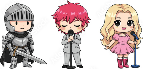 Chibi Anime Character Set Featuring Medieval Knight with Sword and Pop Star Singers with Microphones for Gaming Avatars, Talent Show Posters, and Children's Illustrations
