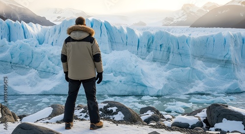 Hiker Gazes at Expansive Glacier Face in Cold Landscape snow mountains