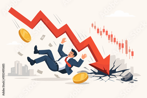 Businessman falling down with money and gold coins during stock market crash. Red arrow pointing down hitting ground. Concept of financial crisis, bankruptcy, economic failure, and money loss.