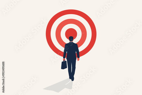 Business Success and Strategic Vision Concept with Professional Businessman in Suit Walking Towards Large Red Target for Goal Achievement, Career Growth, Ambition, and Corporate Leadership Focus