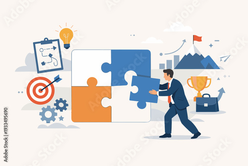 Business Solutions and Problem Solving Concept with Businessman Assembling Puzzle Pieces for Success, Strategy, and Goal Achievement. Professional Vector Illustration for Corporate Growth.
