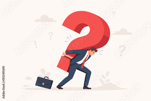 Stressed Businessman Carrying a Massive Red Question Mark on His Back, Symbolizing the Heavy Burden of Uncertainty, Difficult Business Problems, and the Search for Solutions in a Corporate World.