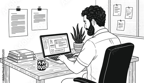 Black and white vector illustration of a bearded man working on a laptop at a wooden desk