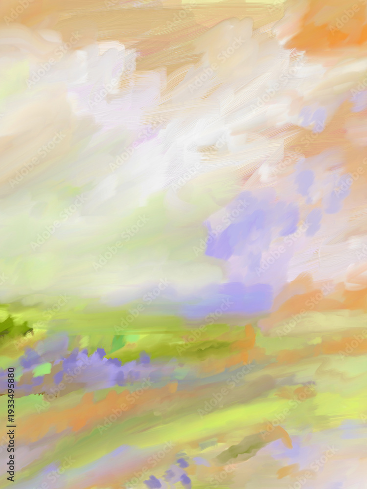 Fototapeta premium Impressionistic Landscape of Colorful Sunset or Sunrise Meadow Valley Field in Bloom w/Wispy Clouds in sky -Digital Painting, Art, Illustration, Design, in Neon Lime Green, Orange, Purple & Lavender