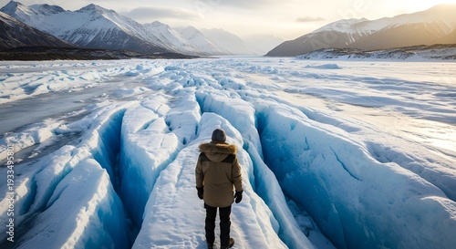 Hiker on icy glacier crevasse with snowy mountain range frozen winter