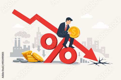 Businessman sitting on a large red percent sign and a downward arrow representing economic recession, financial crisis, falling interest rates, inflation, and market crash in a city background.