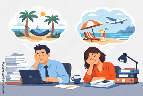 Overworked Business People at Office Dreaming of Summer Vacation and Tropical Beach Holiday. Man and Woman Tired of Work Thinking About Travel, Hammock, Palm Trees, and Flying on an Airplane.