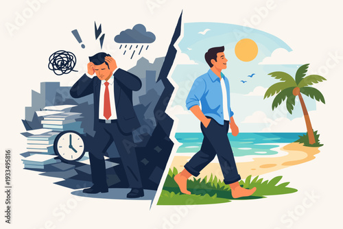 Concept of Stress Management and Work Life Balance Showing a Stressed Businessman Escaping Overwhelming Office Pressure and Anxiety to Find Peace, Relaxation, and Mental Health on a Sunny Beach