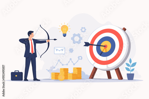 Businessman Aiming Bow and Arrow at Target Bullseye for Business Goal Achievement, Project Management, Strategic Planning, Financial Success, Innovation, and Growth Concept Flat Vector Illustration