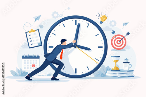 Businessman in a suit pushing back the hands of a giant clock to stop time, representing deadline management, productivity, efficiency, and the struggle of a busy schedule in a flat vector art.