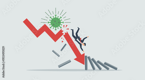 Businessman Falling Down a Broken Red Stock Market Graph Caused by Coronavirus Attack, Concept of Economic Crisis, Financial Disruption, Domino Effect, and Global Pandemic Impact on Business
