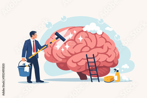 Businessman Cleaning a Giant Brain with Squeegee and Soap, Metaphor for Mental Health, Psychotherapy, Brainwashing, and Achieving a Fresh Mind or Cognitive Clarity, Flat Vector Illustration.