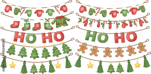 Christmas Garland and Holiday Decoration Set with Ho Ho Ho Text Stockings Mittens Gingerbread and Trees for Festive Banner Vector Illustration