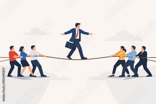 Businessman walking on a tightrope held by two teams of people pulling from opposite sides, symbolizing teamwork, support, leadership, and balancing risk in a professional business environment.