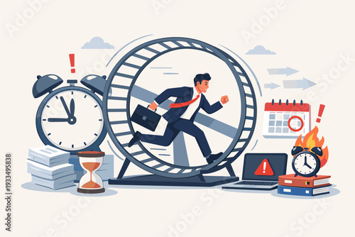 Stressed businessman running in a hamster wheel as a metaphor for the corporate rat race and deadlines. Vector illustration of time management, work pressure, burnout, and busy office life.