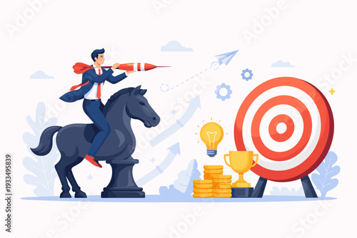 Businessman Riding a Knight Chess Piece and Aiming a Large Dart at a Bullseye Target, Concept of Business Strategy, Achievement of Goals, Success, Leadership, Vision, and Strategic Planning