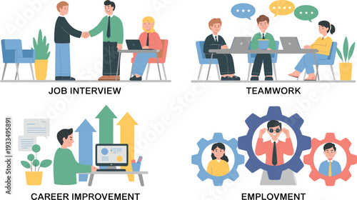 Business and career concept illustrations showing job interview, teamwork collaboration, career improvement growth, and employment development in flat design style