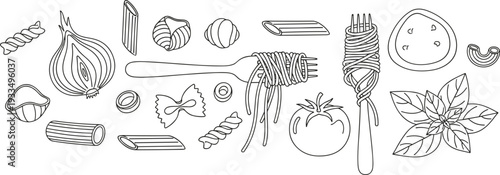 Hand-drawn black and white vector illustration set of assorted pasta shapes, fresh vegetables, and Italian cooking ingredients