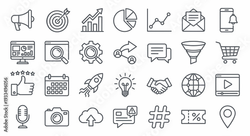 Digital marketing outline icon set with 30 linear symbols. Monochrome editable stroke vector collection for SEO, ecommerce, growth strategy and online promotion platforms.