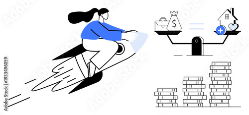 Financial growth. Visual elements financial growth with a rocket rider, scales balancing money with health, and growing coin stacks. Financial progress, work-life balance, investment, wealth