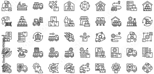 Supply Chain Management icons collection. Vector illustration. Supply Chain, Logistics Network, Distribution Route, Freight Truck, Cargo Ship, Air Freight. Pro Vector