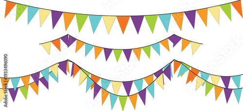 Colorful Party Bunting Garland Vector Set with Hanging Triangle Flags and Pennants for Birthday Celebrations, Festive Decorations, Events, Carnivals, and Greeting Card Design Elements