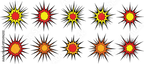 Comic Style Explosion Burst Set with Red and Yellow Starburst Shapes for Pop Art Effects Sale Stickers and Dynamic Cartoon Design