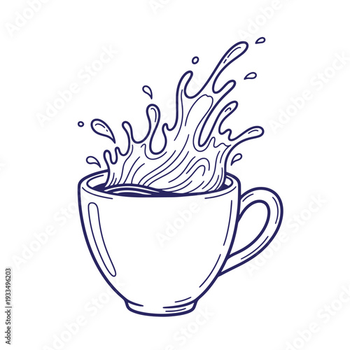 White cup with dark liquid splashing out of it in a simple line style coffee