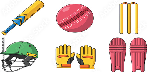 Cricket Equipment Collection with Bat Ball Helmet Gloves Pads and Stumps for Sports Training Tournament Match and Professional Game Illustration Design