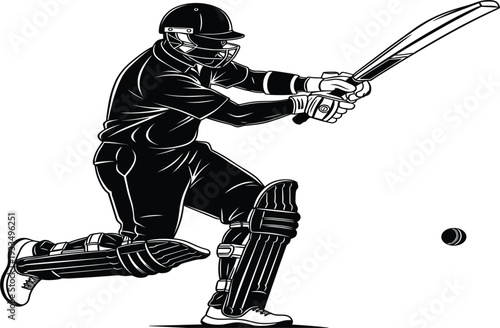 Cricket Player Batsman Silhouette in Action Shot with Bat and Ball for Sports Tournament Competition Poster and Athletic Illustration Design