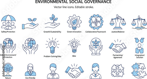 Vector line icons for environmental social governance ESG sustainability corporate ethics global protection and professional community responsibility