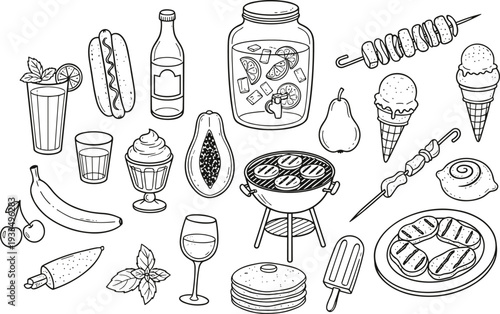 Hand-drawn black and white vector illustration set of summer food, BBQ items, desserts, and refreshing summer drinks