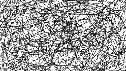 画面いっぱいをぐちゃぐちゃに塗り潰した背景。黒い糸が複雑に絡まったイラスト。不安や混乱、鬱のデザイン。編集可能なベクター素材