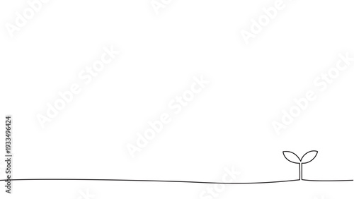 地面から芽を出した双葉の一筆書きの線画。一本の黒い糸が植物の成長を表現したデザイン。編集可能なベクター素材。右端に植物のシンボルをさりげなく添えたイラスト