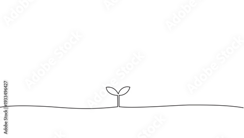 地面から芽を出した双葉の一筆書きの線画。一本の黒い糸が植物の成長を表現したデザイン。編集可能なベクター素材。中心に植物のシンボルがあるイラスト