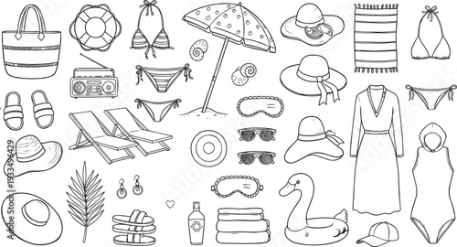 Hand-drawn black and white vector illustration set of swimwear, beach umbrellas, sunglasses, sun hats, and summer vacation essentials