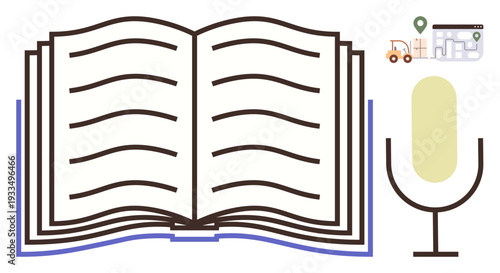 Knowledge sharing, digital learning, voice recognition, podcasting, audio learning, technology innovation. Open book, microphone and map icons. Knowledge sharing and digital learning