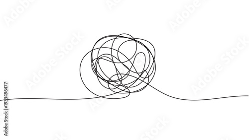 一本の黒い糸がぐちゃぐちゃに絡まった一筆書きのデザイン。不安や混乱、鬱や心配の表現。編集可能なベクター素材