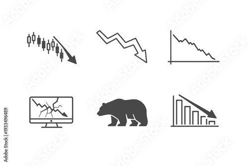 Stock market crash outline icon set. Monochrome editable stroke vector collection isolated on transparent background for financial downturn and investment risk design.