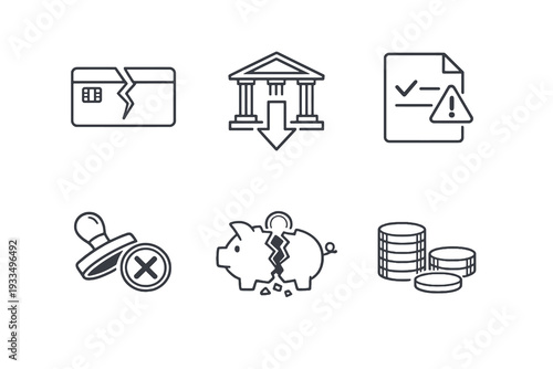 Credit crunch outline icon set. Monochrome editable stroke vector collection isolated on transparent background for banking crisis and lending restrictions design.