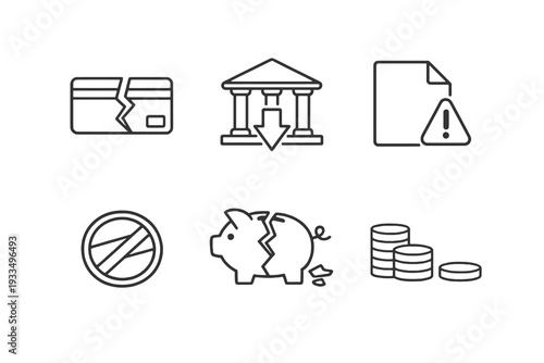 Financial restriction linear icon pack focused on loan decline and credit shortage. Monochromatic vector set ideal for economic analysis and banking reports.