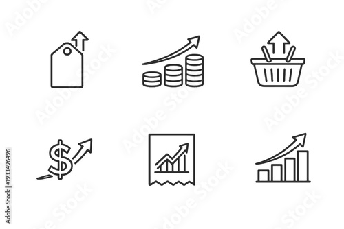 Inflation outline icon set. Monochrome editable stroke vector collection isolated on transparent background for price increase and economic pressure design.