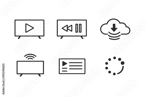 TV streaming outline icon set. Monochrome editable stroke vector collection isolated on transparent background for video platforms and on demand services.