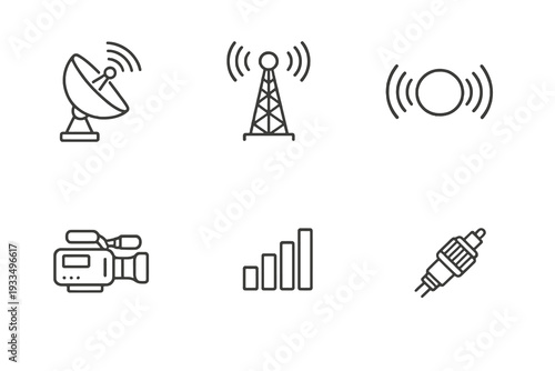 Television signal linear icon pack focused on live streaming and broadcast technology. Monochromatic vector set ideal for media platforms and communication systems.