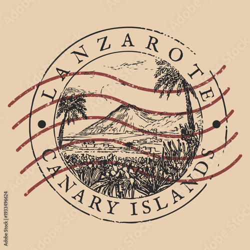 Vintage Lanzarote Spain badge featuring the dramatic Timanfaya volcanic peaks and black lava fields.