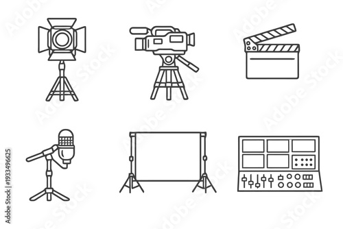 TV studio production outline icon set. Monochrome editable stroke vector collection isolated on transparent background for broadcast, filming and media design.